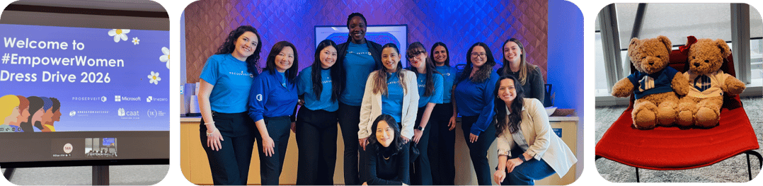 Collage of #EmpowerWomen2026 moments, including the event welcome screen, ProServeIT team members in blue shirts, and hope & hugo