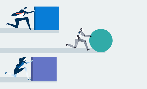 Illustration of robots pushing geometric shapes, symbolizing AI and data analysis.