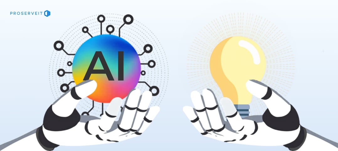 Illustration showing robotic hands holding symbols of artificial intelligence and human insight, representing the balance between technology and human judgment.