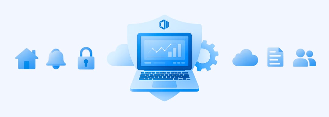 Secure laptop with analytics dashboard protected by a digital shield, surrounded by cloud, gear, and security icons, representing cybersecurity, cloud protection, and modern IT management.