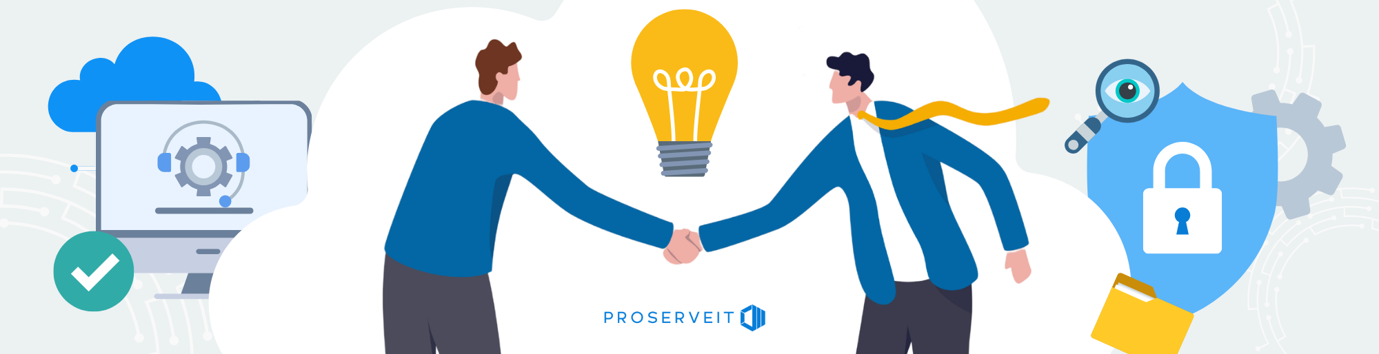 Illustration of two business leaders shaking hands across a cloud and cybersecurity landscape, symbolizing trust‑driven strategic IT outsourcing partnerships.