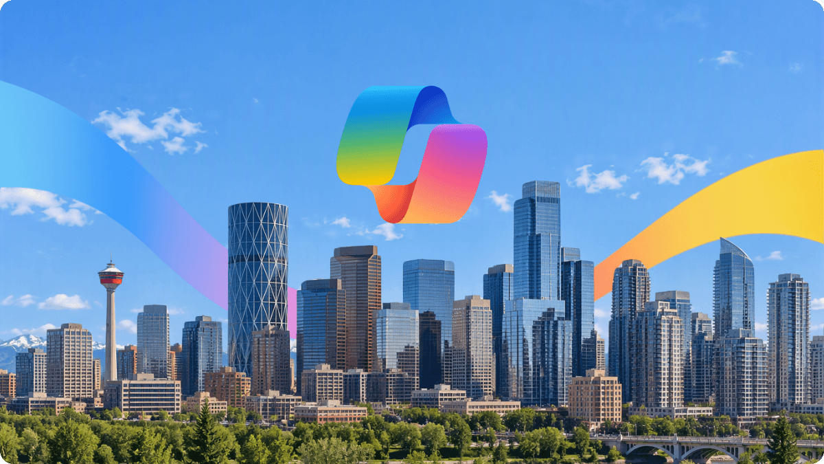 Calgary skyline with Microsoft Copilot logo representing AI and Microsoft 365 Copilot business events in Calgary.