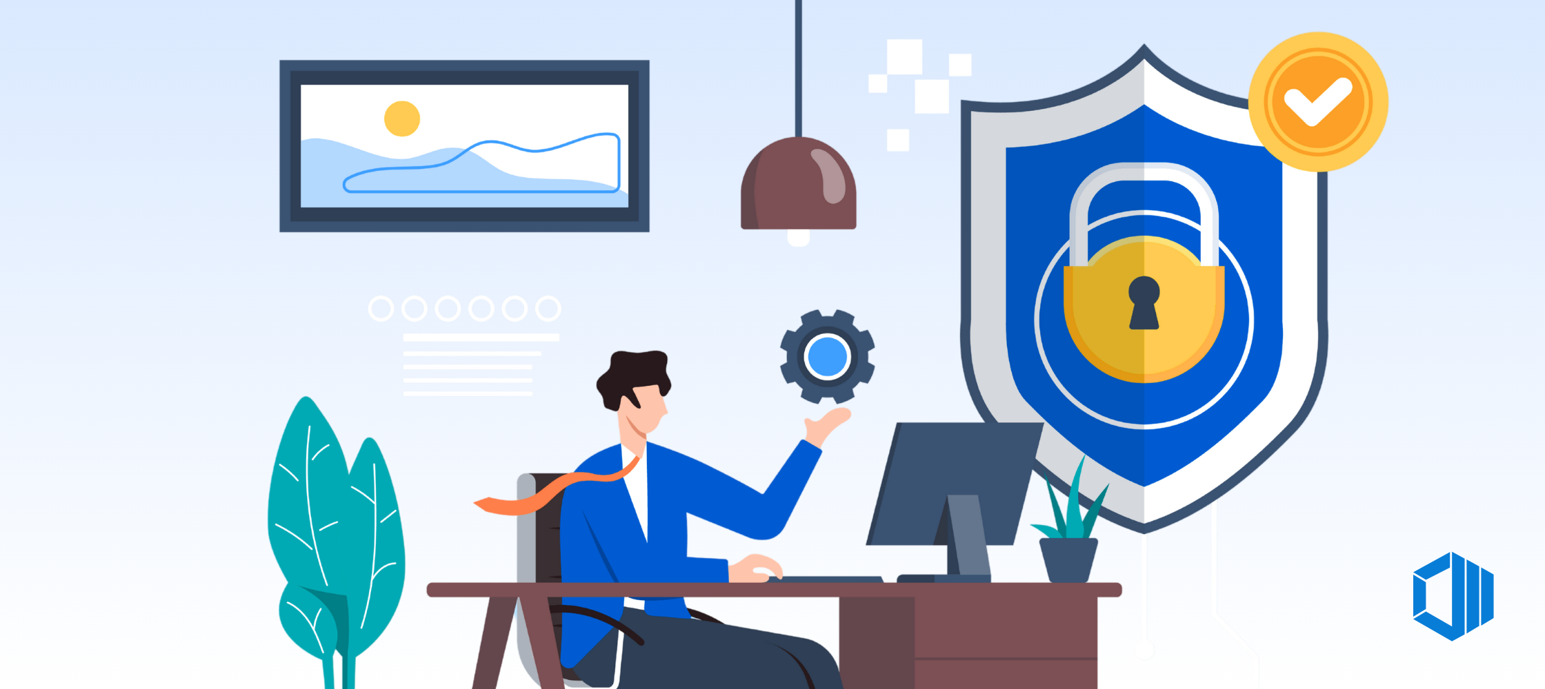 A professional employee working at a desk with a computer, represented alongside a shield icon to show security designed seamlessly into the everyday work environment.