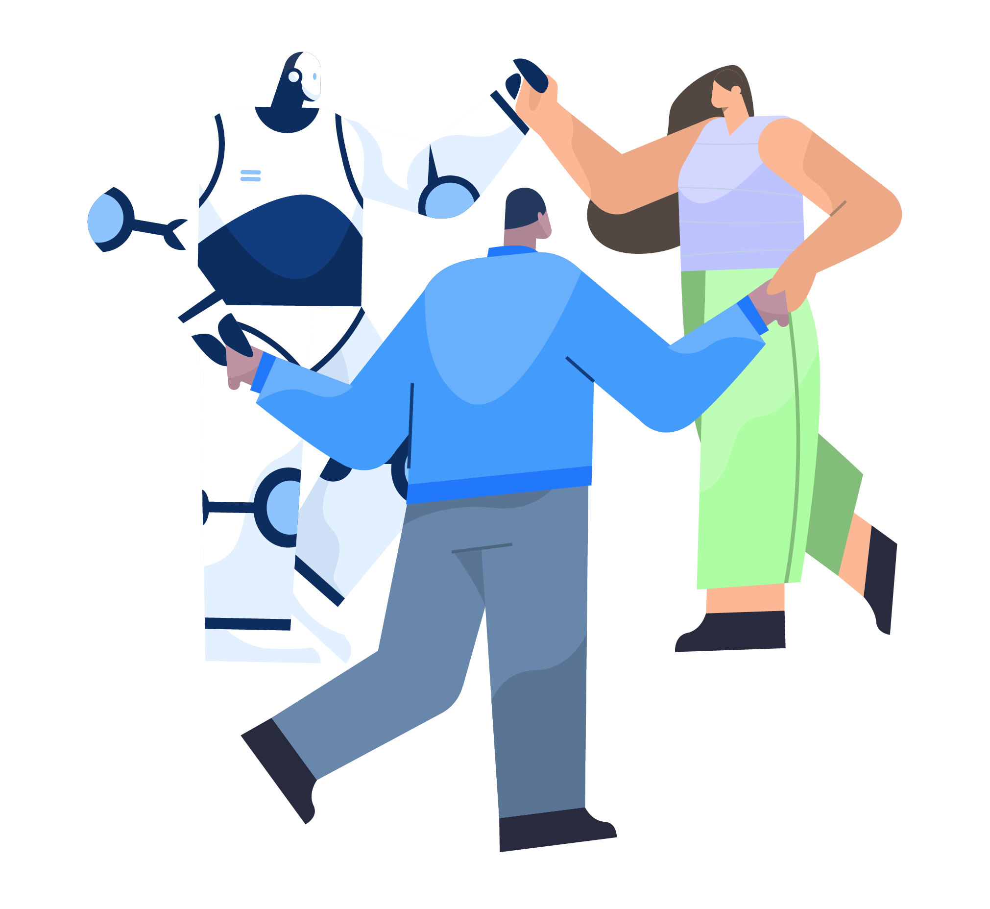 Illustration of two people engaging with a humanoid robot, symbolizing collaboration between humans and artificial intelligence.