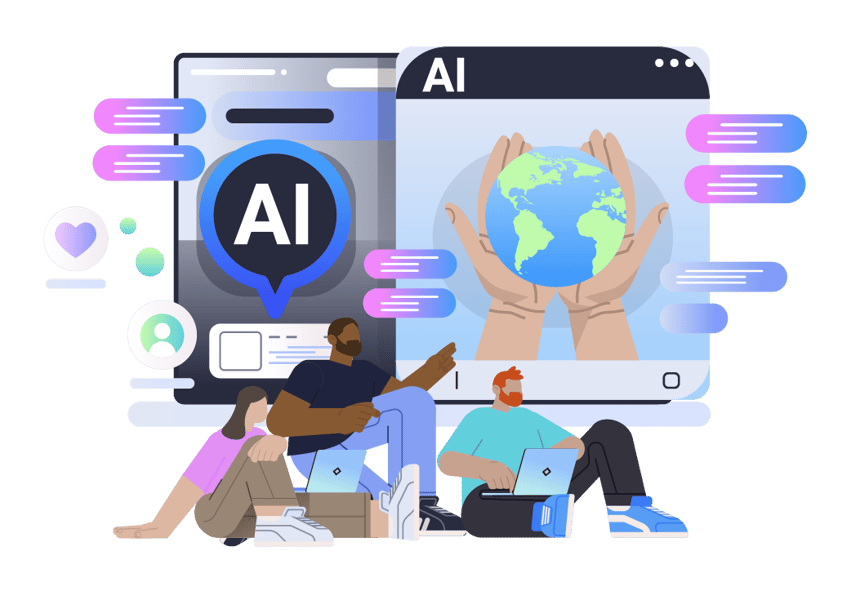 Illustration of diverse people collaborating on laptops with AI technology, featuring screens showing artificial intelligence and a globe symbolizing global impact.