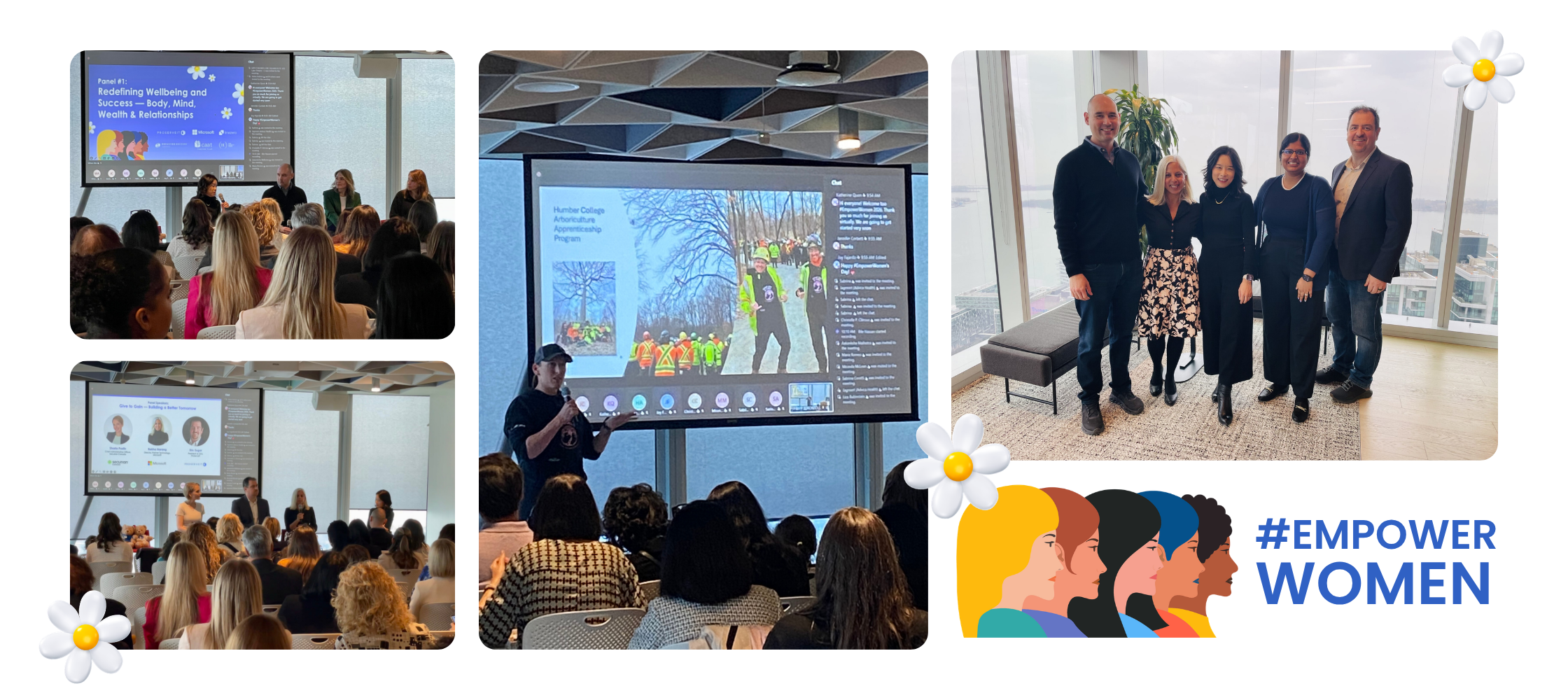 Scenes from #EmpowerWomen2026 featuring panel discussions, presentations, and community moments