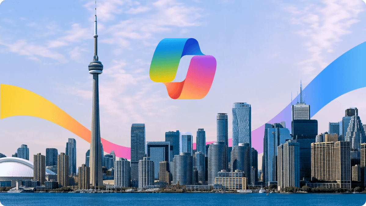 Toronto skyline with the CN Tower and a vibrant gradient ribbon inspired by Microsoft Copilot, representing innovation, AI, and technology events in Canada.