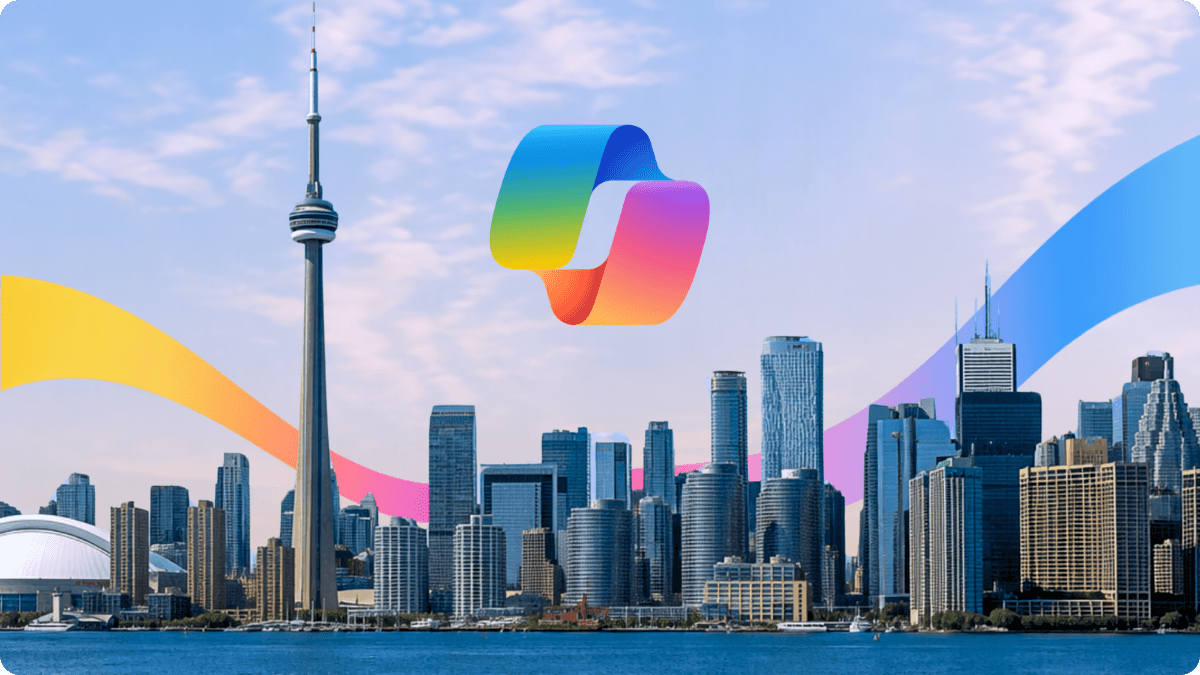 Toronto skyline with the CN Tower and a vibrant gradient ribbon inspired by Microsoft Copilot, representing innovation, AI, and technology events in Canada.