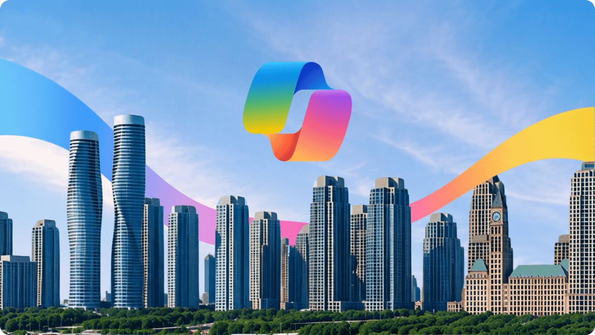 Mississauga skyline with modern high-rise buildings beneath a bright blue sky, accented by a flowing gradient ribbon and a Copilot icon representing innovation and AI.