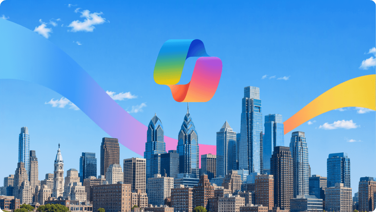 Philadelphia skyline with a Microsoft-inspired gradient ribbon and AI Copilot icon against a bright blue sky.