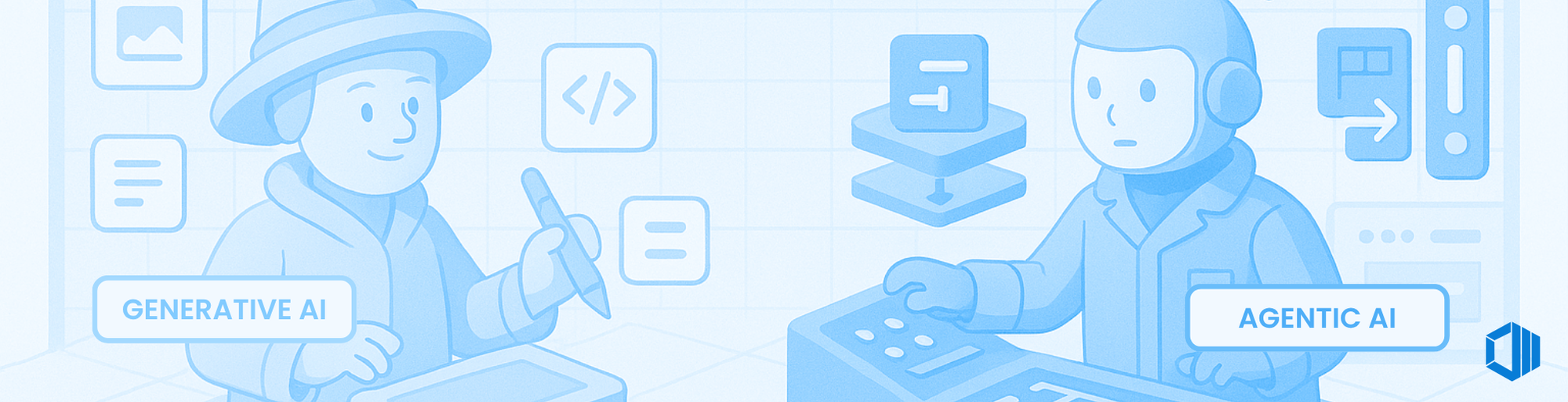 Illustration of Generative AI and Agentic AI as cartoon characters—one creating content, the other managing tasks—on a tech-themed background.