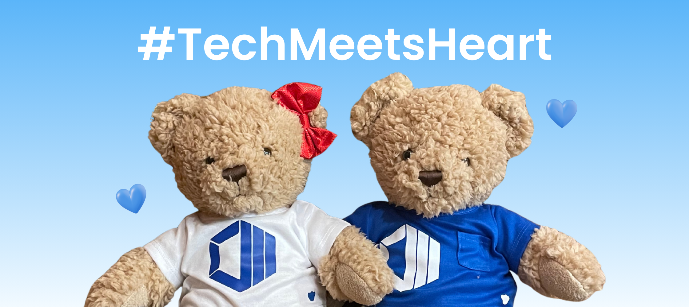 Graphic of two teddy bears Hope and Hugo with two blue hearts around them and text that reads Tech Meets heart above them