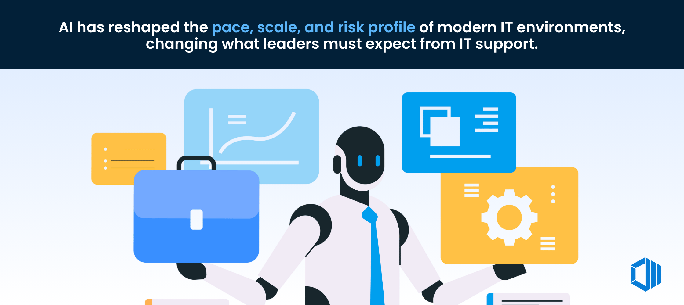 Illustration showing an AI figure surrounded by business and technology icons, with text explaining how AI reshapes the pace, scale, and risk of modern IT environments.
