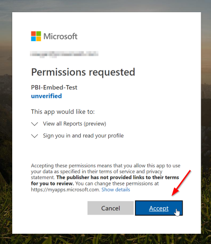 Permission Requested Power BI Embedding Environment