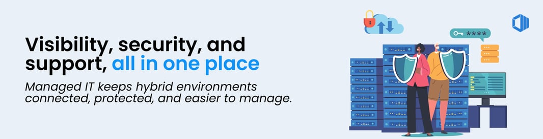 Illustration showing managed IT services providing visibility, security, and support for hybrid IT environments in one centralized view.