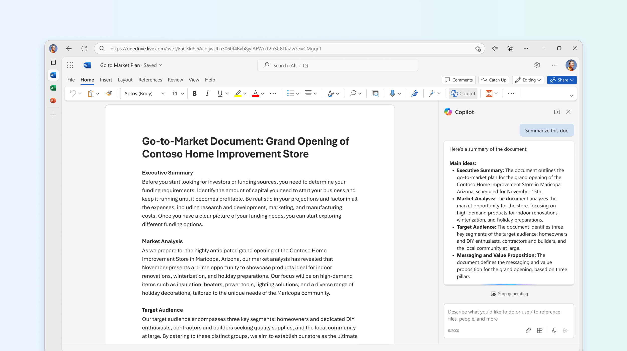 An image of microsoft 365 copilot in word summarizing a document
