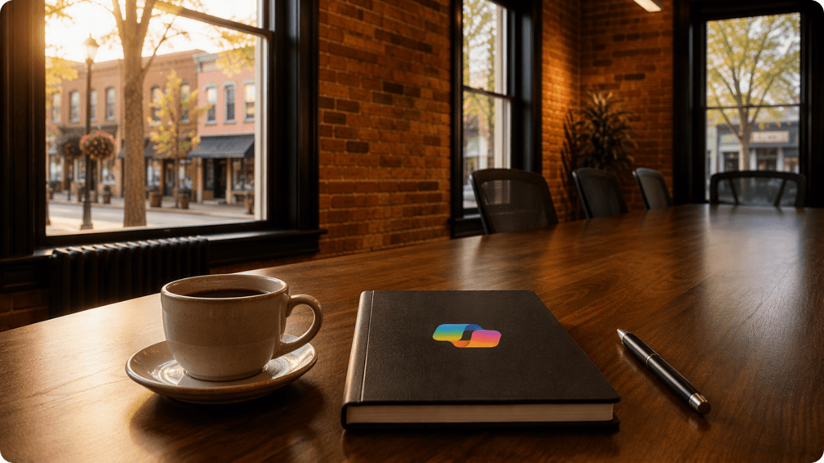 Copilot Adoption Executive Breakfast at ProServeIT's Streetsville office featuring a coffee, notebook, and view of historic from the boardroom.