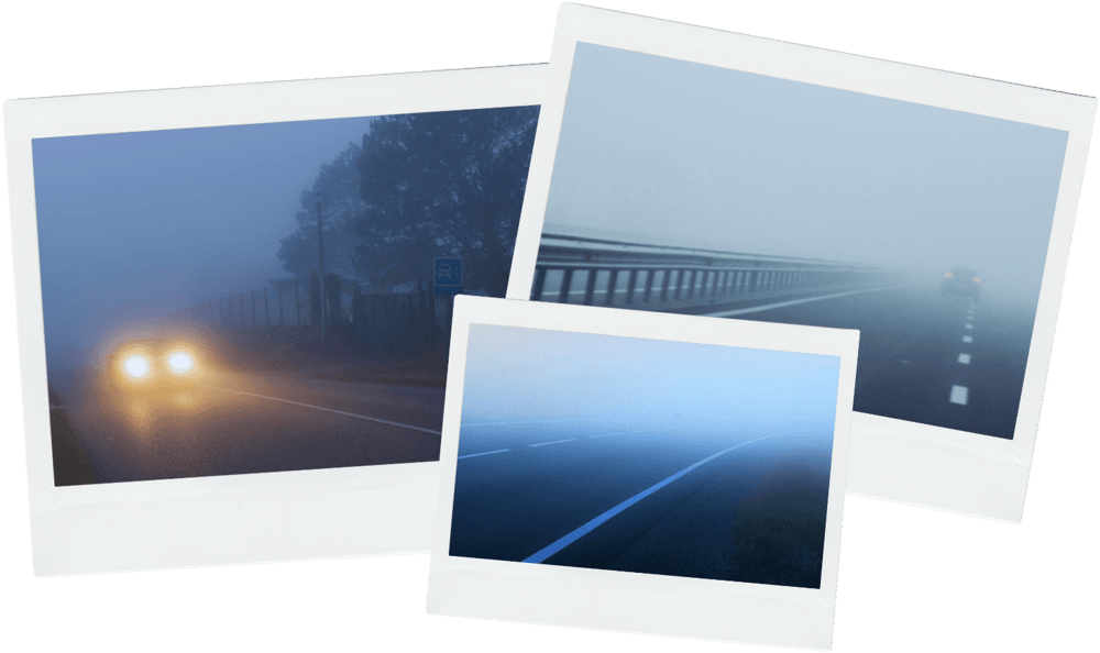 Three photographs of roads disappearing into dense fog, representing AI uncertainty and the need for a clear path forward.