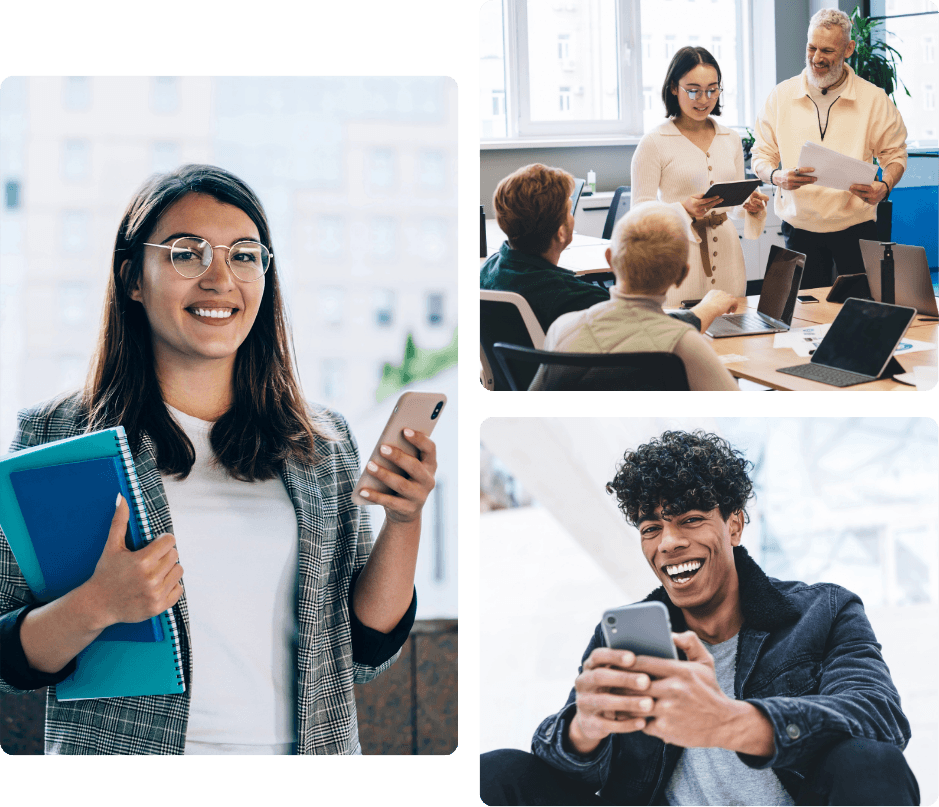 A woman holding files and a phone, a team reviewing workflows together at a table with tablets and laptops, and a man smiling at his phone, representing the kinds of teams Concierge Automation Studio is designed to support
