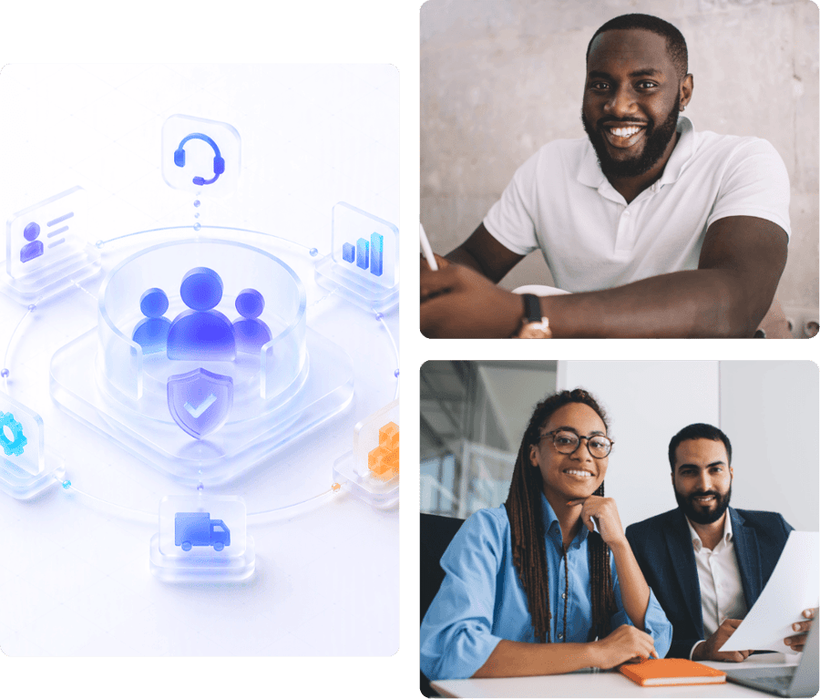 Business professionals supported by connected Dynamics 365 tools for customer service, operations, and long-term success.