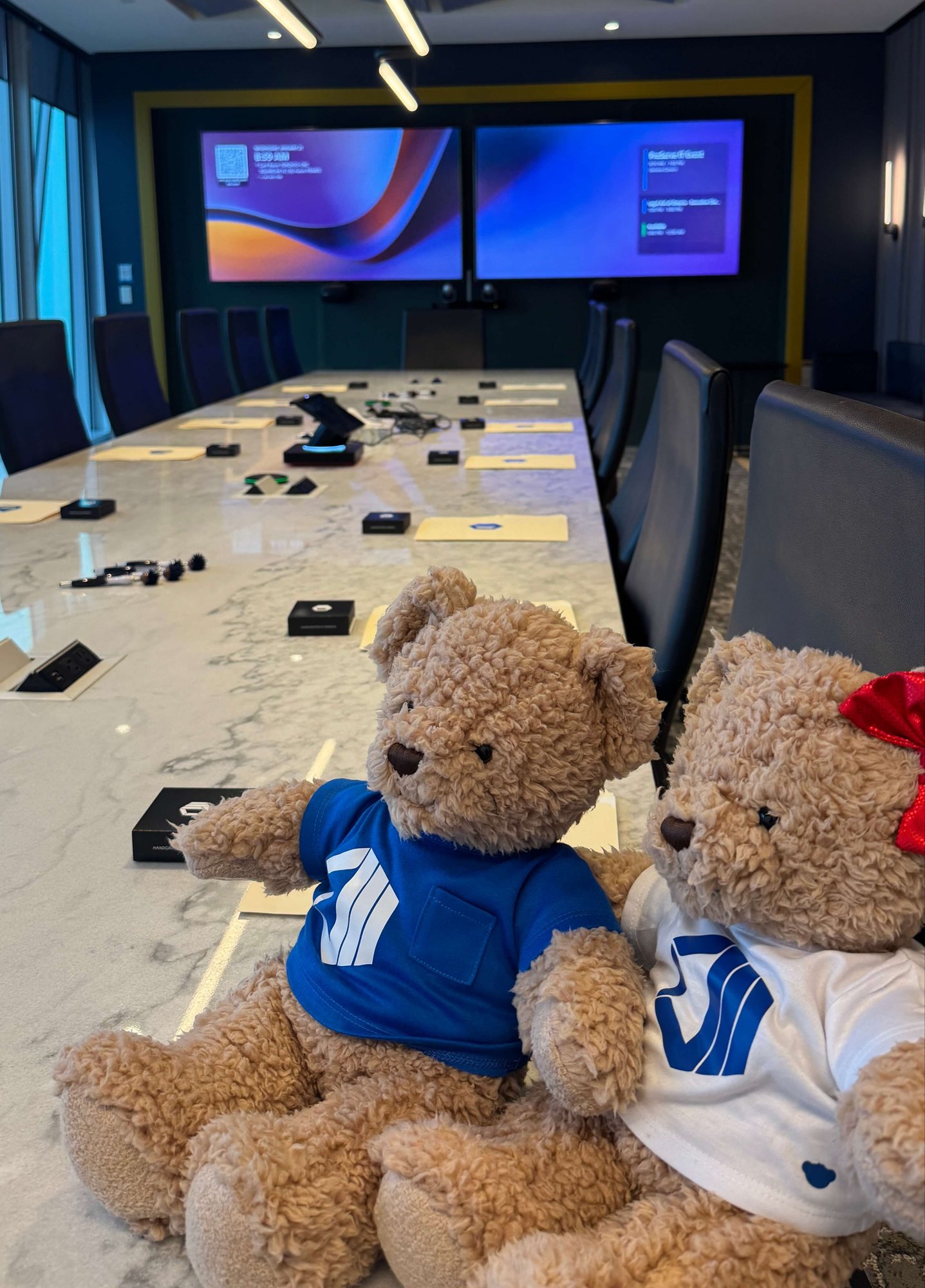 Hope and Hugo teddy bear mascots seated side by side on the table, wearing blue and white ProServeIT branded shirts at AI EBS