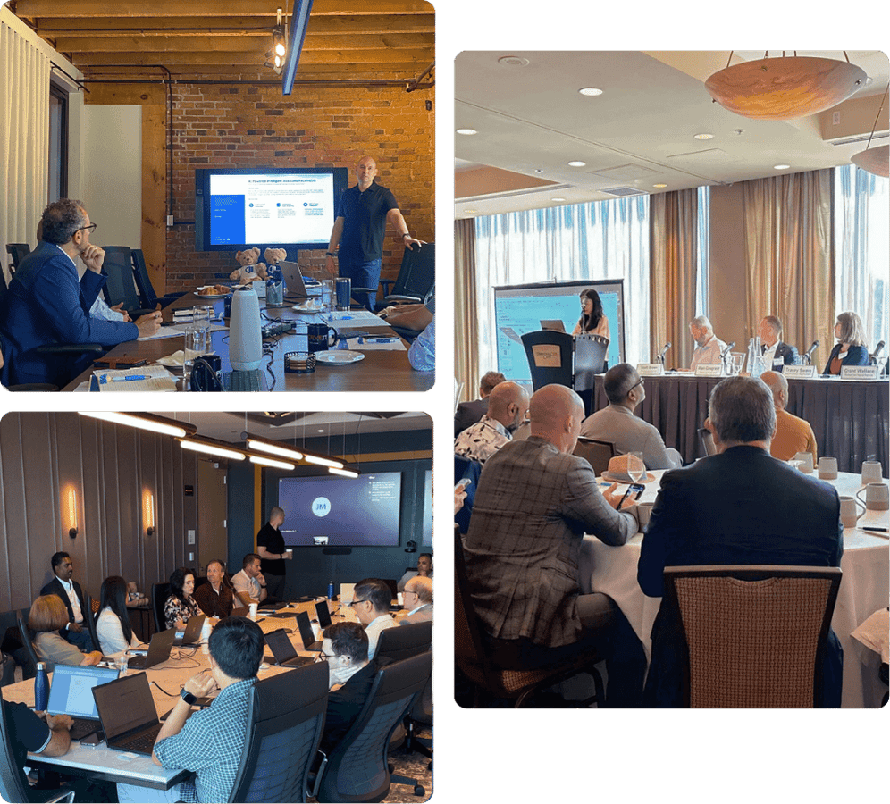 Three photos from ProServeIT leadership events: an AI and Microsoft Copilot executive briefing at the Mississauga office, a briefing at the Microsoft Toronto office, and a leadership breakfast in Vancouver.
