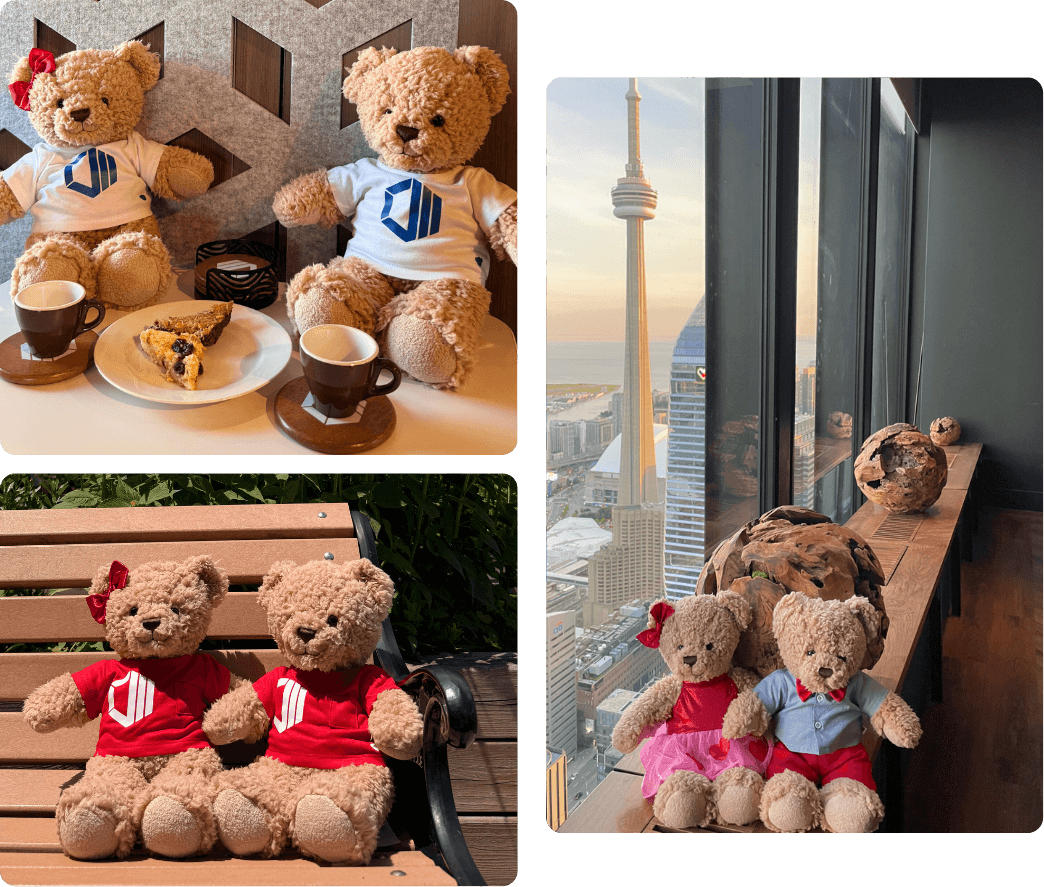 Hope and Hugo teddy bears exploring Toronto, sharing coffee, and spending time together in ProServeIT apparel.