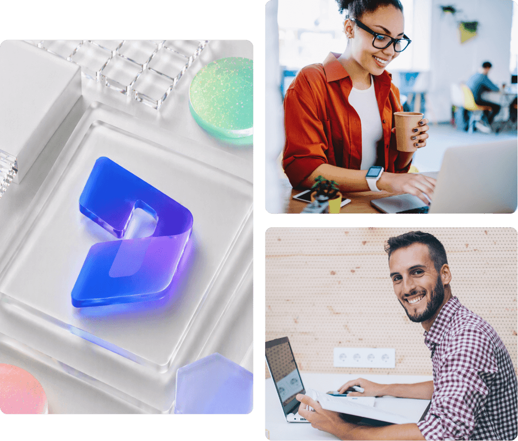 People using technology at work alongside a Dynamics 365-inspired graphic representing business applications, productivity, and connected workflows.