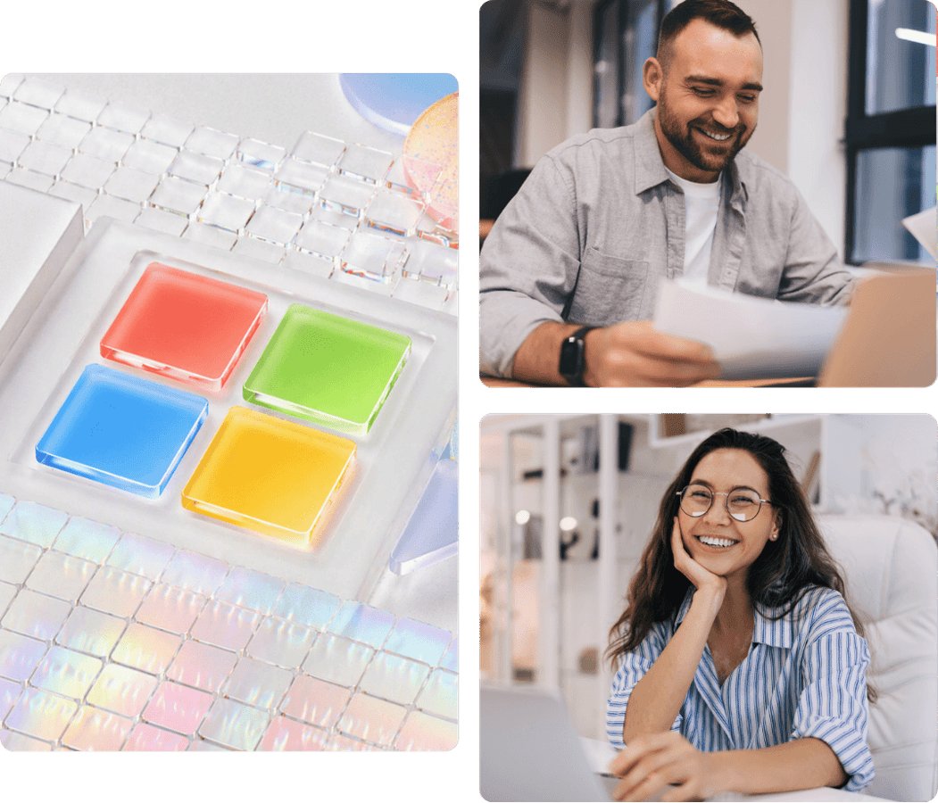 Professionals using technology at work alongside a Microsoft-inspired graphic representing collaboration, productivity, and modern workplace solutions.