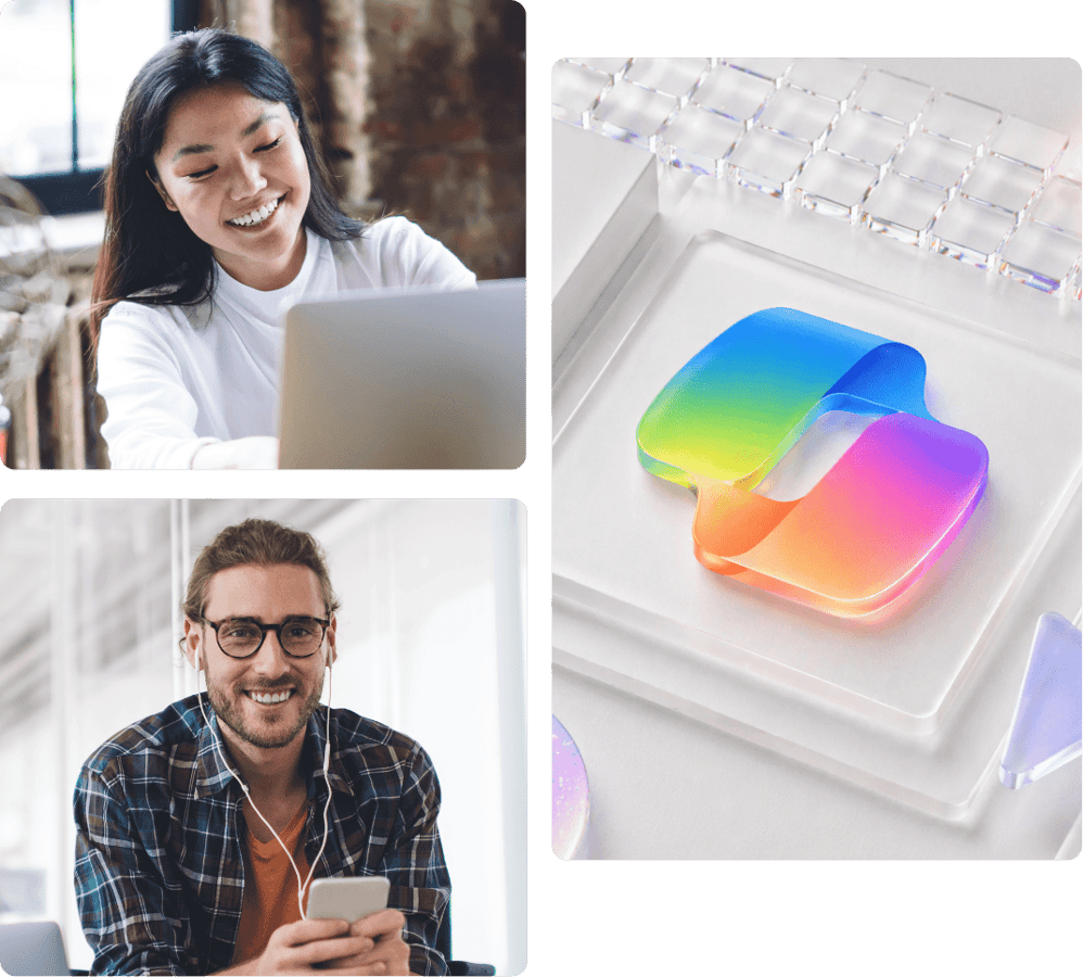 Professionals using technology at work alongside a Copilot-inspired graphic representing AI-powered productivity and collaboration.