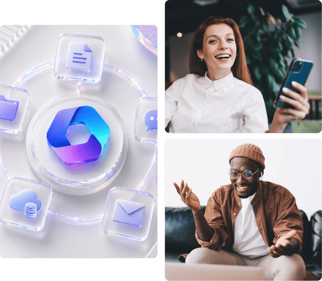 People using digital communication tools alongside a Microsoft 365-inspired graphic, representing collaboration, communication, and workplace productivity.
