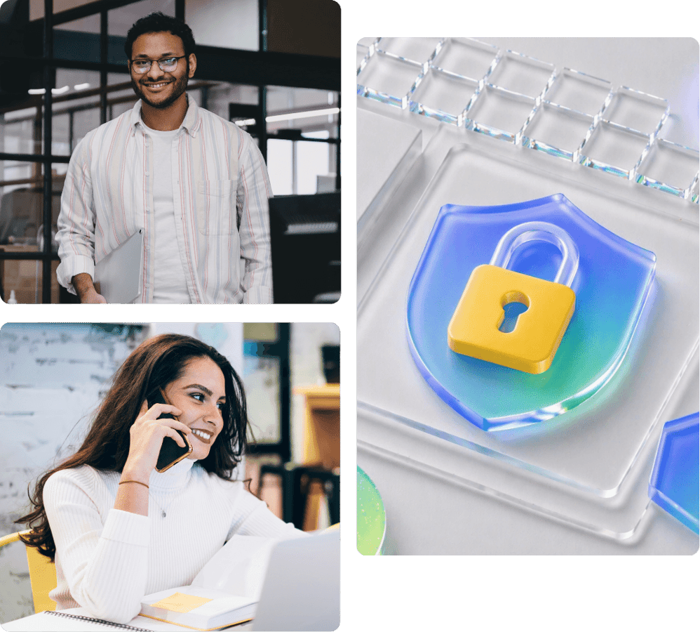 People using Microsoft 365 tools securely, with imagery representing data protection, identity security, and secure collaboration.