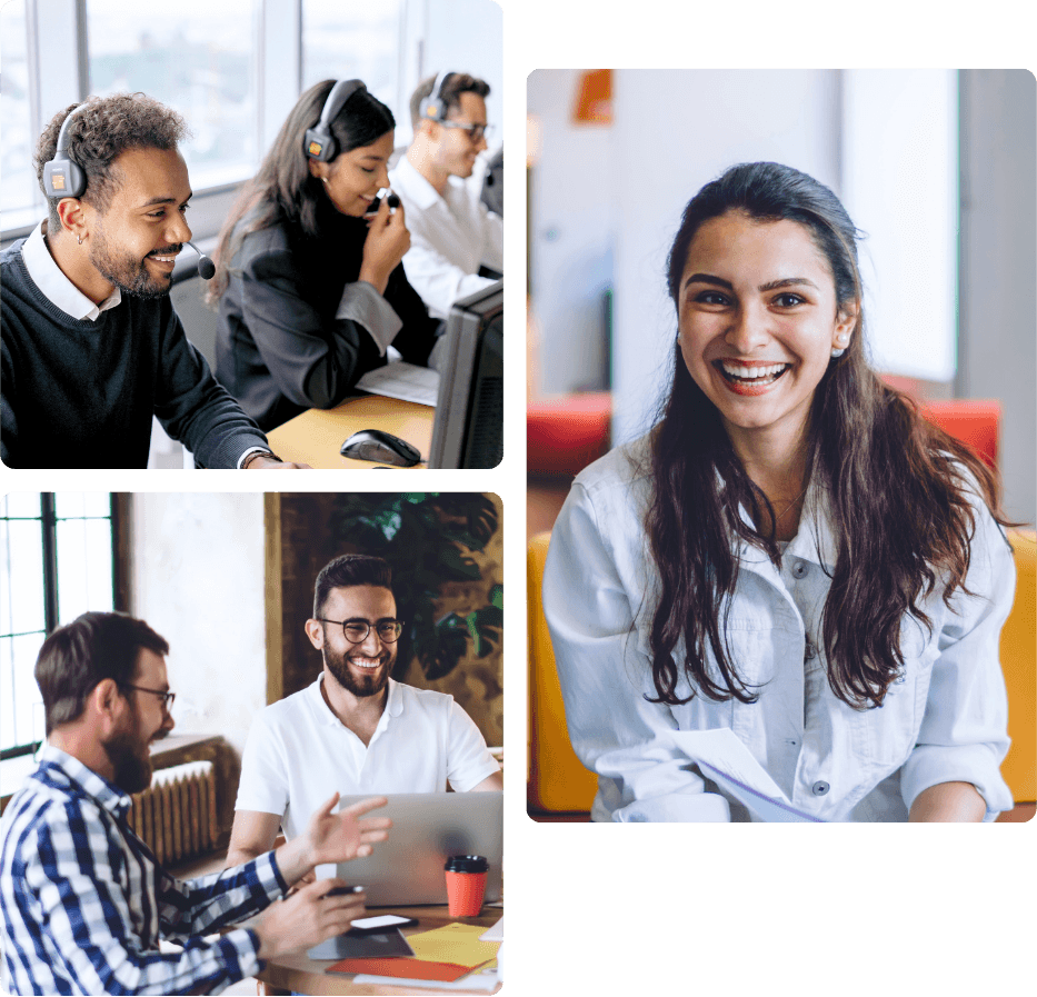 Contact center agents working side by side with headsets, two colleagues collaborating over a tablet in a planning session, and a woman smiling confidently, reflecting the contact center environment and partnership dynamic ProServeIT built its managed services model around for SureCall
