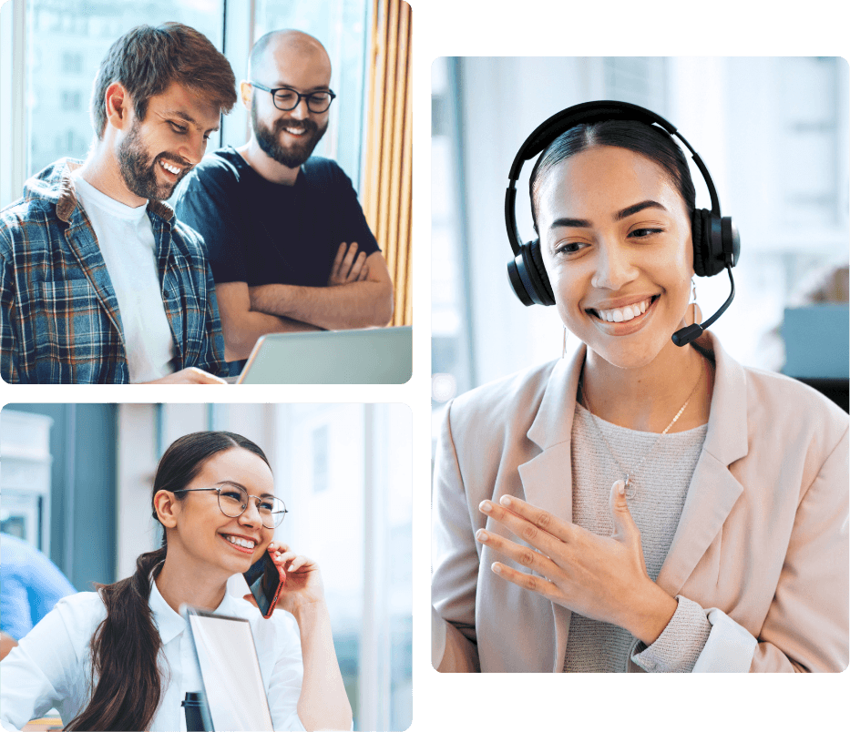 Two colleagues smiling while reviewing work on a laptop, a woman smiling while on a support call, and a contact center agent wearing a headset and engaging warmly with a customer, reflecting the kind of always-on contact center environment SureCall runs and ProServeIT was built to support