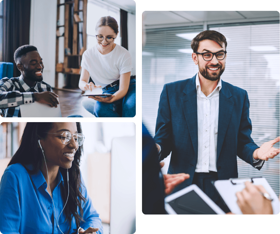 A colleague reviewing notes with a teammate in a relaxed session, a woman smiling while listening through earphones, and a leader confidently presenting to his team, reflecting the trust and stability SureCall gained when ProServeIT took managed IT off their plate
