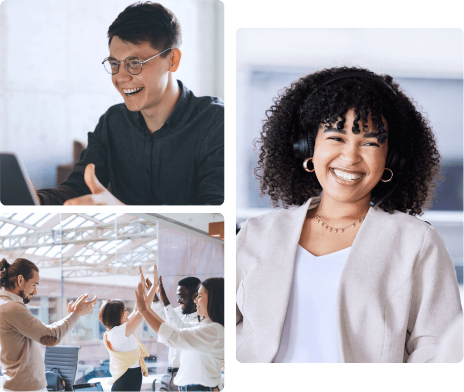 A man laughing warmly while collaborating at his desk, a team celebrating together with high fives in a bright office, and a contact center agent smiling confidently with her headset on, reflecting the reliability, familiarity, and genuine care SureCall experienced with ProServeIT's managed IT services