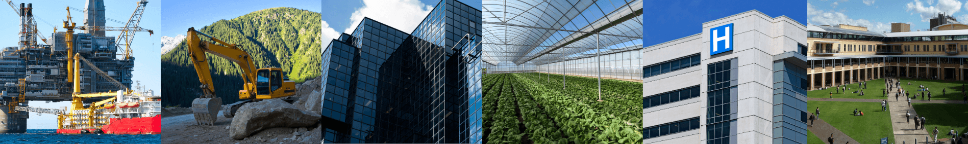 Industry collage showcasing energy, construction, corporate services, agriculture, healthcare, and education through a series of professional landscape images. Industry collage showcasing energy, construction, corporate services, agriculture, healthcare, and education through a series of professional landscape images.