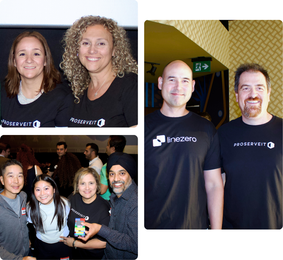 Many ProServeIT team members smiling together at a company event, four ProServeIT team members gathered and smiling at an event, and ProServeIT President Eric Sugar and CTO Jaime McMahon smiling together, representing the people-first hospitality culture at the heart of everything ProServeIT does