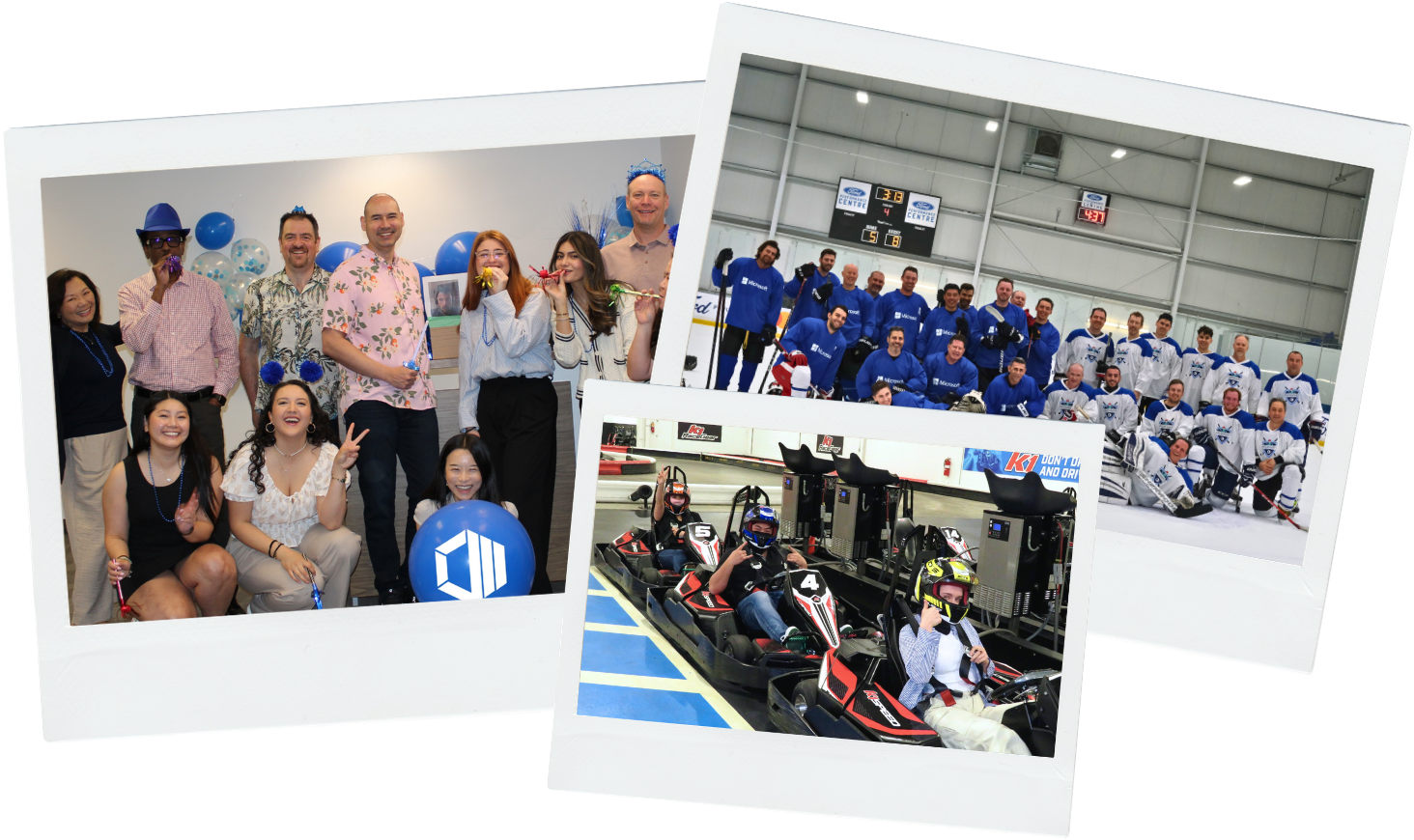 Three Polaroid-style photos of the ProServeIT team: the team celebrating their Microsoft Partner of the Year award surrounded by blue balloons, the ProServeIT team facing off against Microsoft in a friendly charity hockey match, and team members enjoying a go-kart racing social event, representing the culture of celebration and connection at ProServeIT