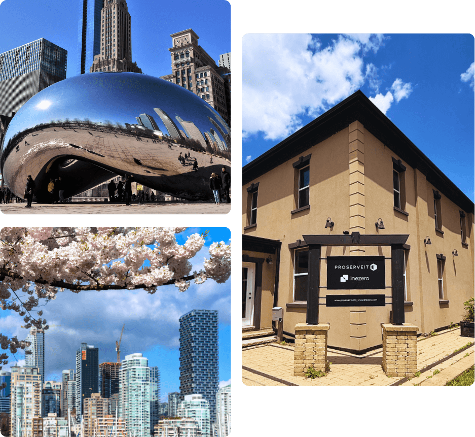 The exterior of ProServeIT's Mississauga headquarters, the iconic Cloud Gate sculpture in Chicago representing ProServeIT's presence in the United States, and the Vancouver waterfront skyline with cherry blossoms representing ProServeIT's presence across Canada