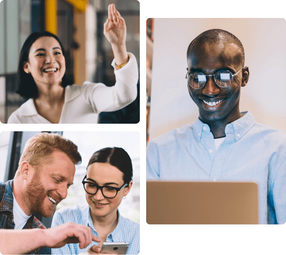 Professionals collaborating on data analysis, reviewing information on a mobile device, and analyzing insights on a laptop, representing data-driven decision-making