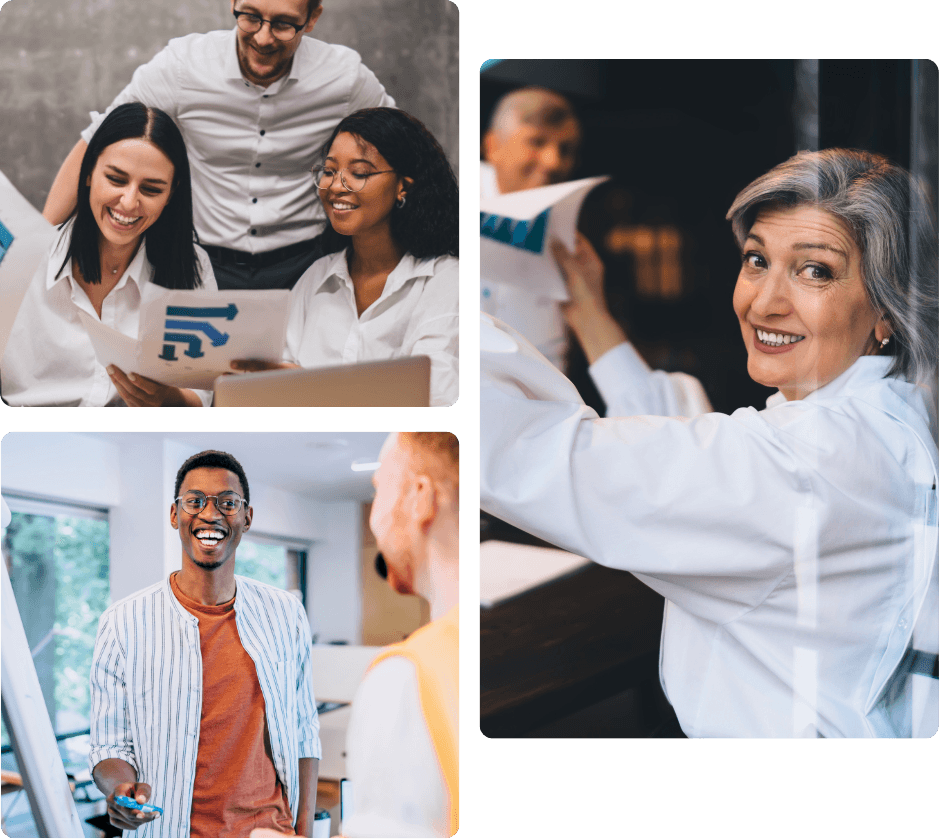 Three professionals reviewing data insights together, a man presenting findings to a colleague, and a woman engaged in an animated data discussion, representing the clarity and confidence ProServeIT's data and analytics consulting brings to growing organizations
