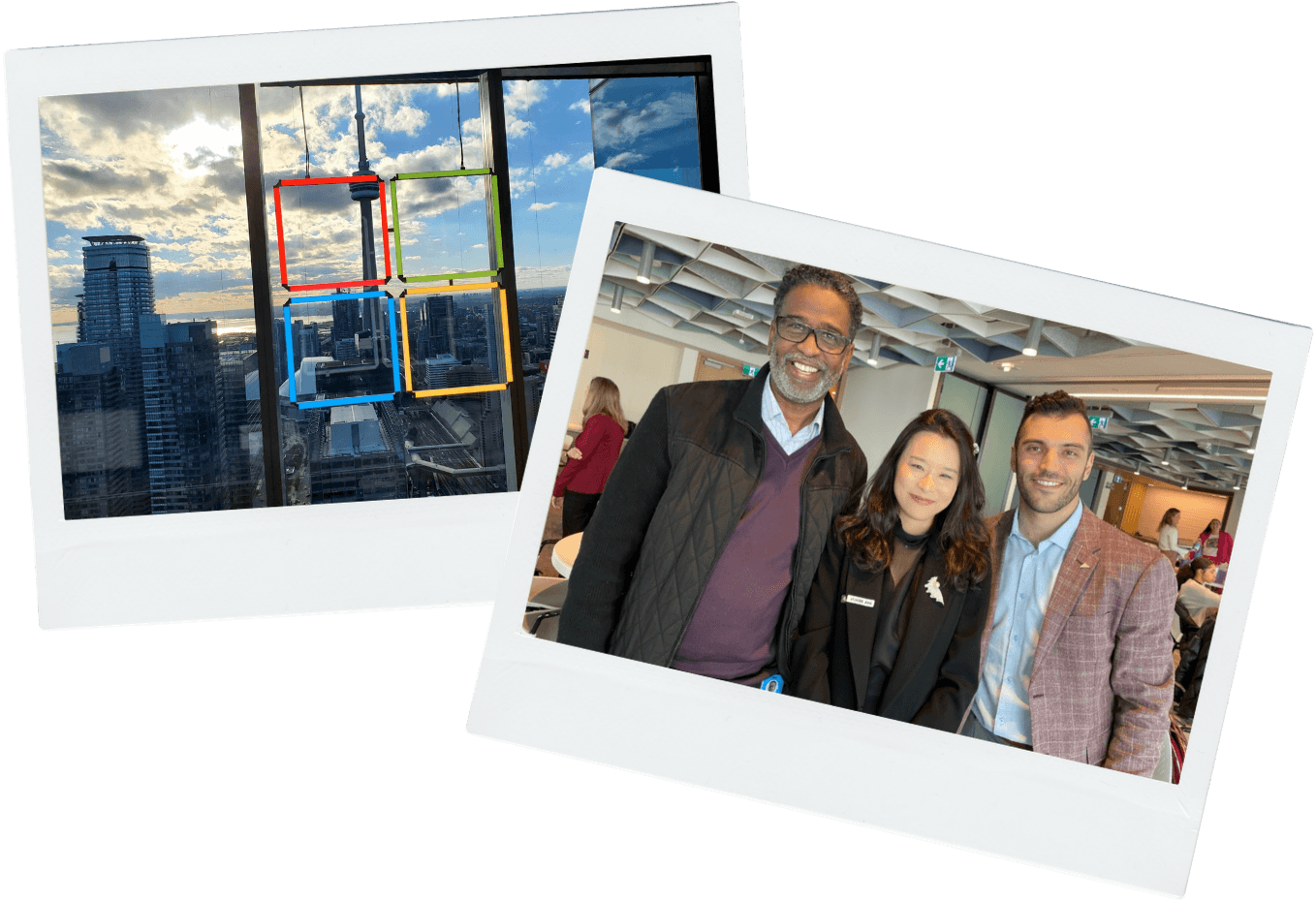 Two Polaroid-style photos: a view of the Microsoft Toronto office windows with the Microsoft logo etched in colored panes, and three ProServeIT team members smiling alongside a Microsoft partner contact, representing ProServeIT's relationship as a Microsoft-validated partner