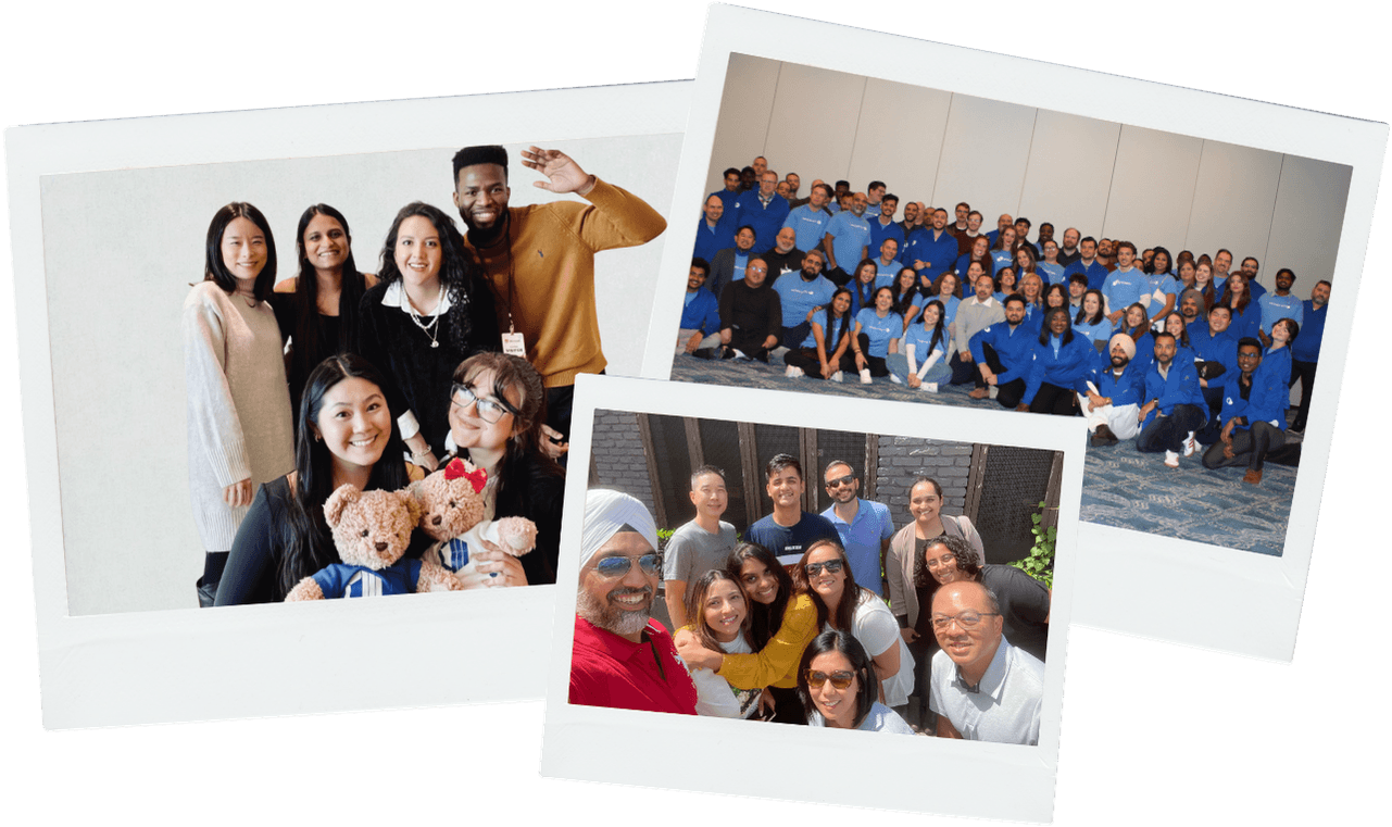 Three Polaroid-style photos of ProServeIT employees at company events over the years, including a small team smiling together, a large group photo from a team gathering, and a candid group selfie, representing the people-first culture behind ProServeIT