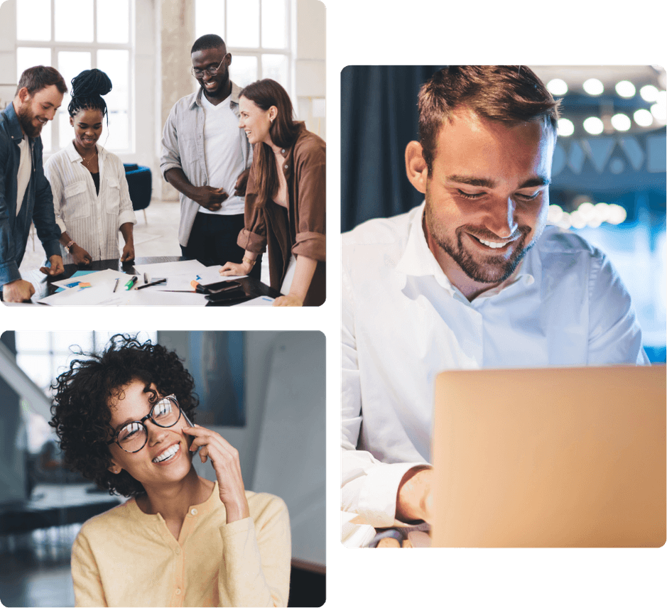 A team collaborating around a table, a man smiling while working on a laptop, and a woman laughing on the phone, representing the kinds of teams and roles Everyday AI Studio is designed to support