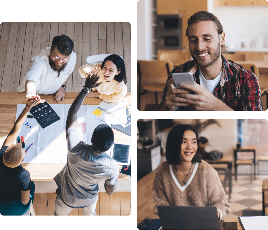 A team celebrating with a high five over collaborative work, a man smiling at his phone, and a woman smiling at her laptop in a relaxed setting, representing the human-centered support behind Everyday AI Studio's Copilot adoption program