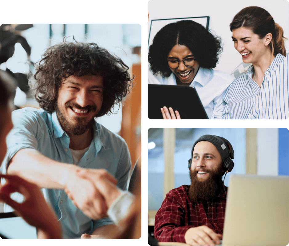 A man smiling while shaking hands, two colleagues laughing together while reviewing a tablet, and a man wearing a headset smiling at his laptop, representing the attentive, people-first support behind ProServeIT's everyday technology services