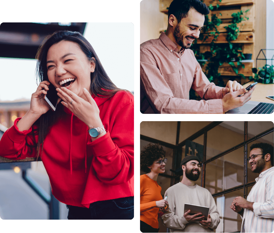 Three professionals smiling while using phones, laptops, and tablets, representing hands-on AI training and adoption done the people-first way
