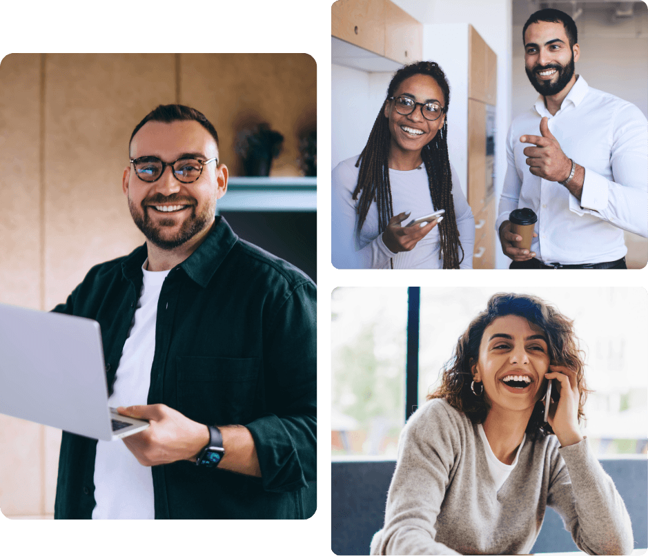 A man confidently holding a laptop, two colleagues smiling and giving a thumbs up, and a woman laughing on a phone call, representing the peace of mind ProServeIT's managed cybersecurity services deliver