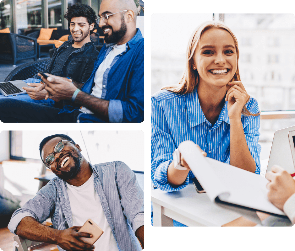 A man leaning back laughing while holding a phone, two colleagues smiling together on a couch with laptops, and a woman engaged in a bright meeting, representing the ease and confidence that comes with ProServeIT's managed IT services